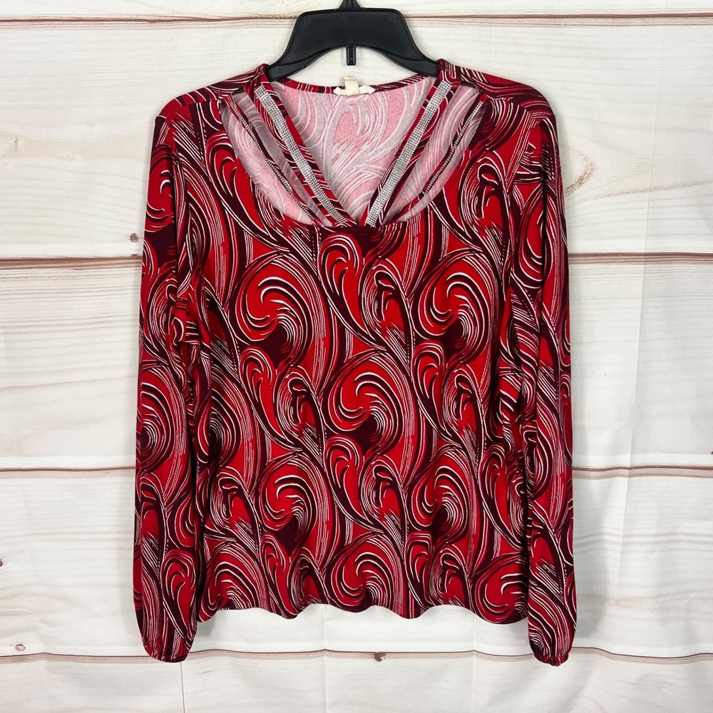 Como Blu Top Womens XL Red Swirl Print Blouse Soft Knit Cut Out Neck Rhinestones